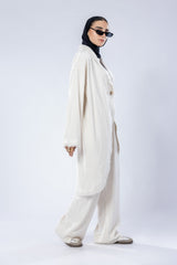 Long washed linen cardigan with wooden button Set