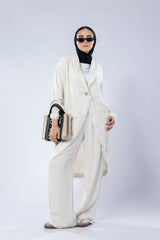 Long washed linen cardigan with wooden button Set