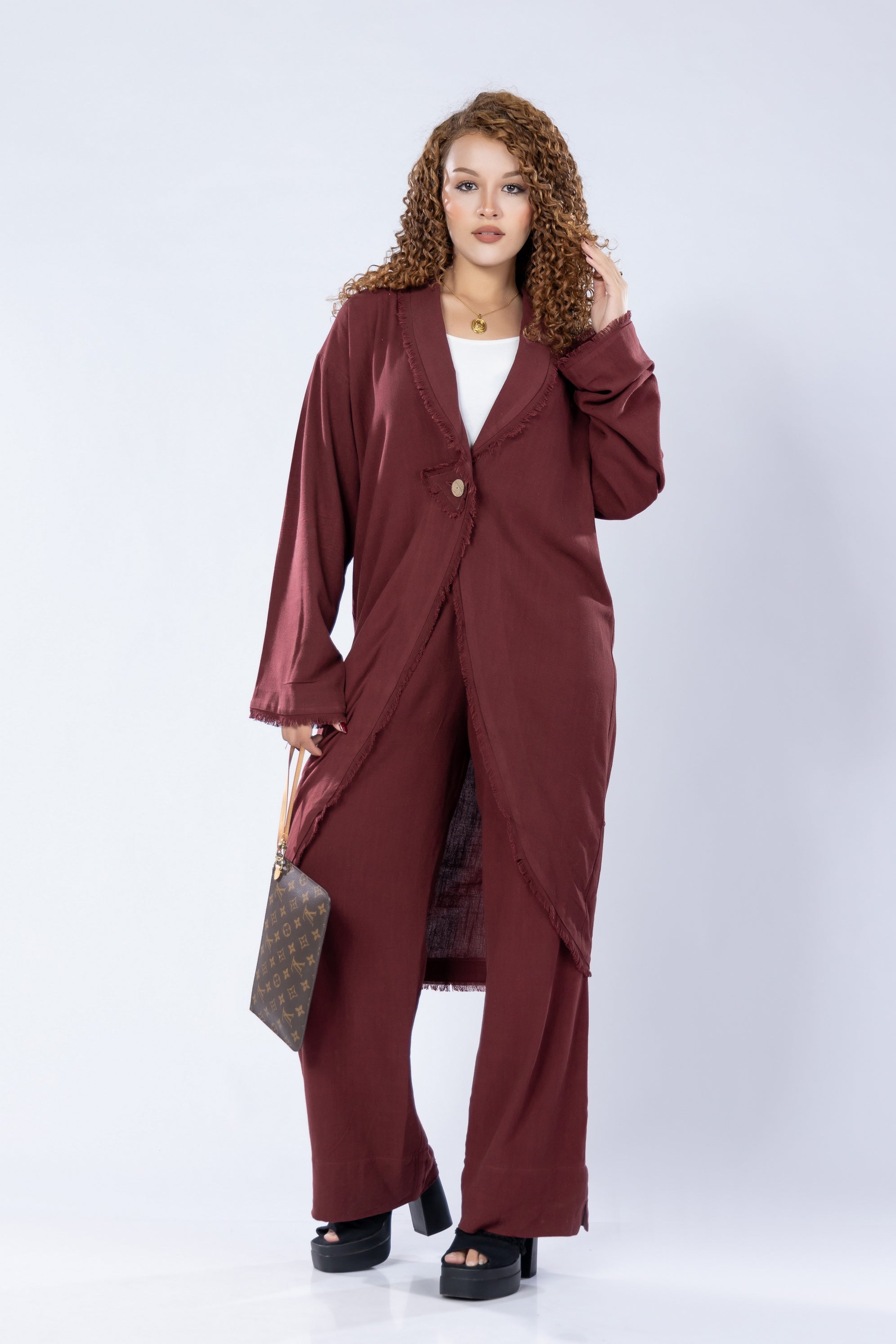 Long washed linen cardigan with wooden button