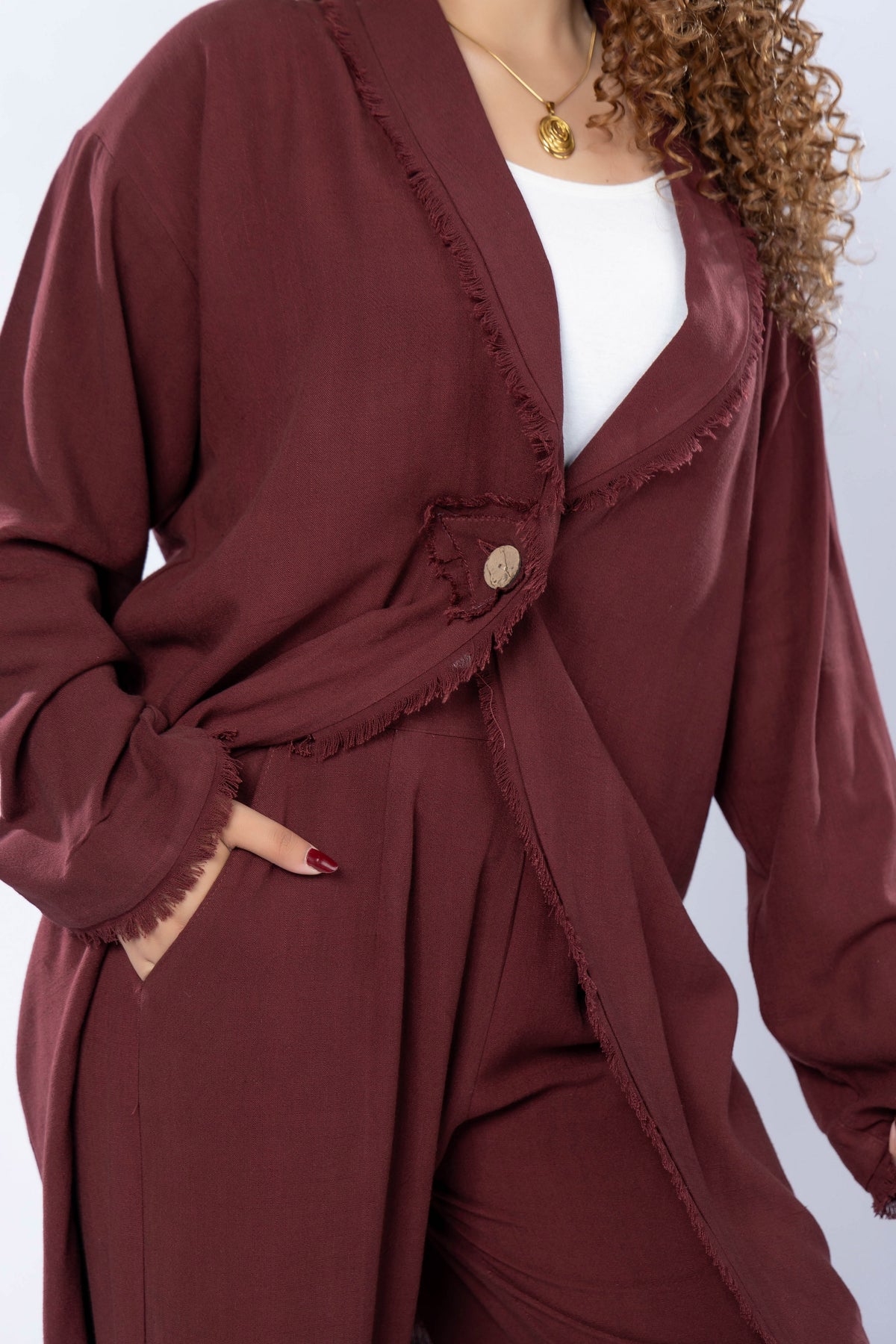 Long washed linen cardigan with wooden button